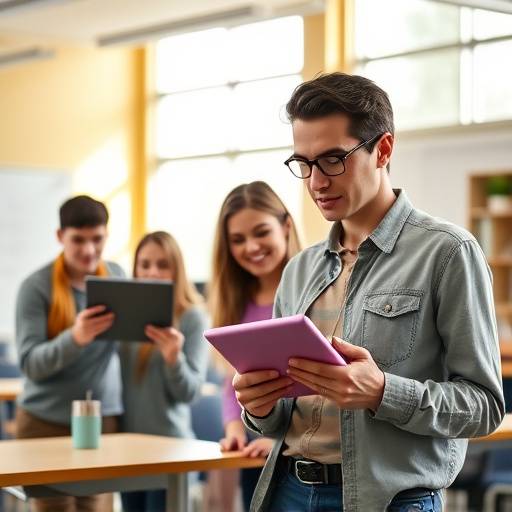 Professores e alunos utilizando tablets em sala de aula na Escola Inovadora.